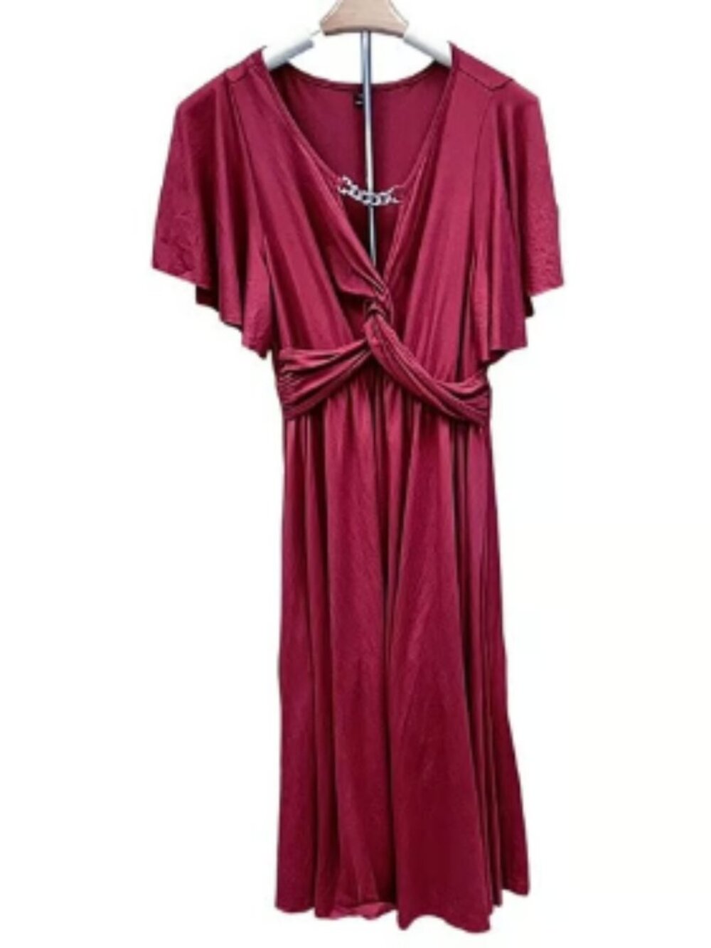 Lightweight V-neck Dress Burgundy Midi Stretch Soft Silver Tone Chain Detail